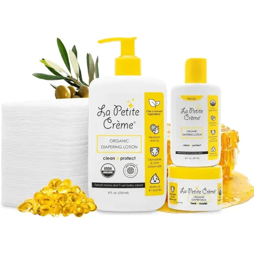 Premium French Diapering Gift Set: Includes Organic Diapering Lotion (8 oz), Travel-size Liniment Baby Lotion (2 oz), 1 Travel-size Diaper Balm (1 oz), 50 Disposable Cotton Pads