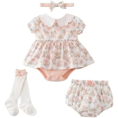 Baby Girl Bodysuit Dress Baby Girl Summer Outfits Dress Romper Floral Bloomer Shorts Socks and Headband
