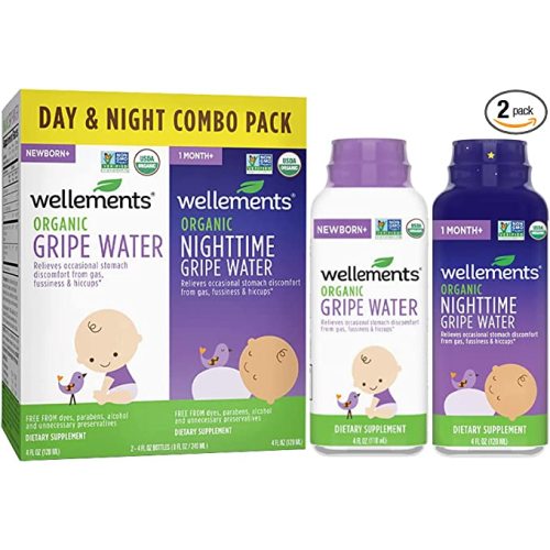 Wellements Organic Baby Gripe Water Day & Night Combo Pack, Relieves Upset Bellies from Baby Gas, Colic, Hiccups & Fussiness, Gentle & Safe, USDA Certified Organic (Pack of 2, 4 Fl Oz Bottles)
