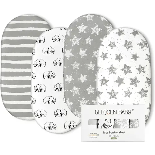 Gllquen Baby Bassinet Sheets 4 Pack, Breathable Cozy Fitted Mattress Sheet, Elastic Travel Crib Fashionable Floral Pattern, Standard Cradle Safe Sheets for Baby Boy Girls 32"X16" (Star)