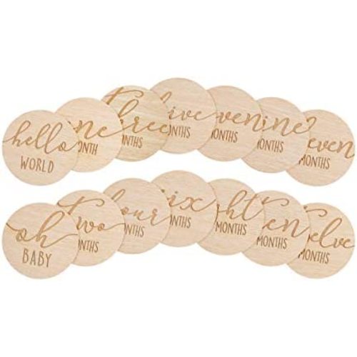 Pearhead Wooden Monthly Milestone Photo Cards, Baby Announcement Cards, Pregnancy Journey Milestone Markers, 7 Double Sided Photo Prop Milestone Discs, Light Wood