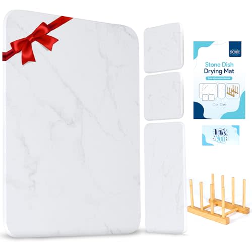 Stonite Stone Drying Mat For Kitchen Counter - Oversink Dish Drying Rack Dish Drying Rack Made with Absorbent Materials, Diatomaceous Dish Drying Mats, White, Marble, 5 PIECE SET