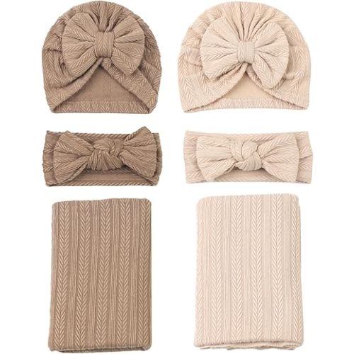 QandSweet Newborn Receiving Blanket Headband Hat Set Baby Swaddle swaddling Blanket (Brown,Khaki)