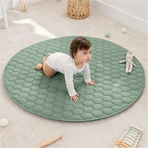 Comfy Cubs Round Kids Play Mat - Medium 48 inches Soft Quilted Baby Floor Mat with Non-Slip Bottom - Plush Design for Toddlers' Playtime and Relaxation - Comfortable and Durable - Sage