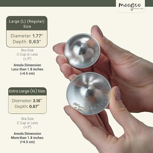 Moogco The Original Silver Nursing Cups - Nipple Shields for Nursing Newborn - Breastfeeding Essentials - Newborn Essentials Must Haves - Nipple Covers Breastfeeding - 925 Silver (X-Large)