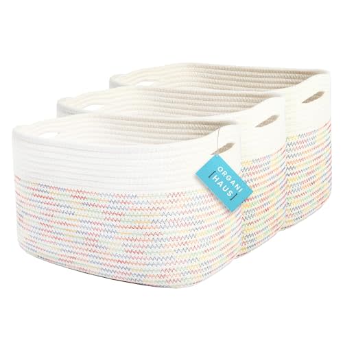 OrganiHaus Set of 3 Rainbow Stiches Woven Storage Baskets for Organizing, Cotton Rope Storage Baskets for Shelves, Soft Bathroom Bins for Organizing, Decorative Cute Nursery Bins for Toys