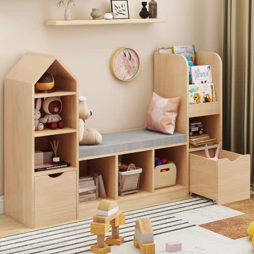 Vabches Toy Storage Organizer for Kids Bookshelf with Reading Nook, Multifunctional Kids Bookcase with 7 Storage Cubbies, 2 Movable Drawers and Seat Cushion for Keeping Kids' Toys Books Organized, Oak