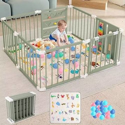 Foldable Wooden Baby Playpen with Soft Play Mat, Adjustable Playpen for Babies and Toddlers with 36 Colorful Balls, Portable Baby Fence Play Area Activity Center with Gate for Toddlers(56x56x23inches)