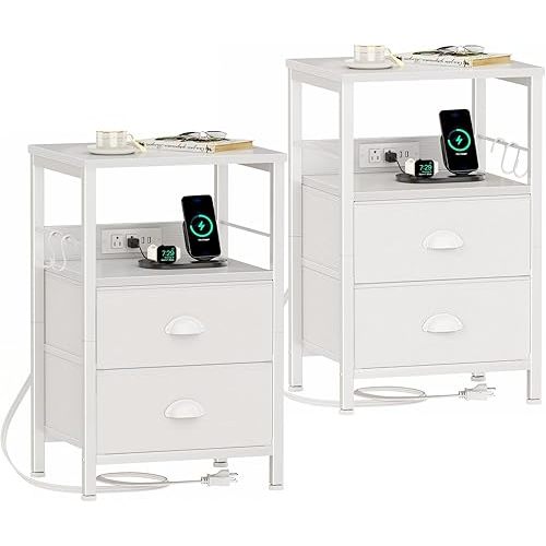 Furologee Nightstands Set of 2, Night Stands with Charging Station, Side Tables with 2 Fabric Drawers, End Tables with Storage Shelves, for Bedroom, White