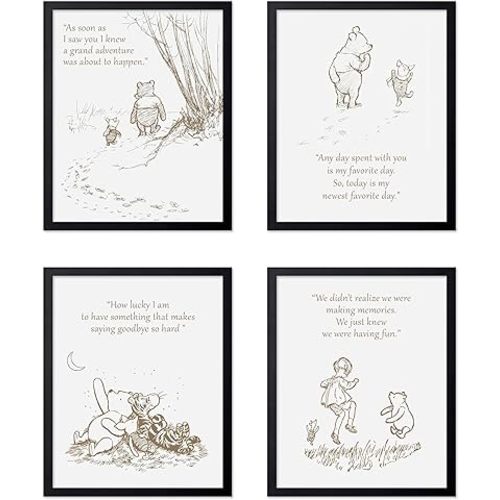 Monem Art 4-Piece A Grand Adventure Is About To Happen Print - Pooh & Friends Poster - Motivational Art - Aesthetic Nursery Wall Design - Playroom or Kid's Room Decor - 8x10 UNFRAMED Wall Art
