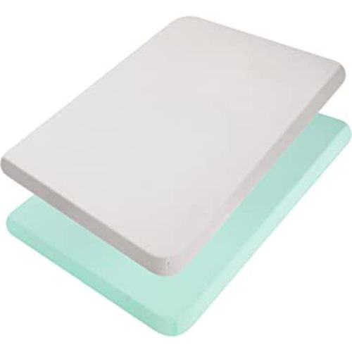 TILLYOU Mini Crib Fitted Sheets - Soft Knit Sheet for Pack N Play, Microfiber Mini Crib Sheets, Playpen Bedding Sheet for Baby 2 Pack, Machine Washable, 38'' x 24'', Light Green & Light Gray