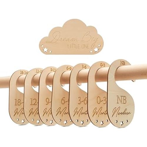 Baby Closet Dividers, Set of 7 Baby Clothes Organizer, Wooden Baby Closet Organizer for Nursery, Size Newborn to Toddler, Baby Clothes Dividers for Closet Hanging on Standard Rod