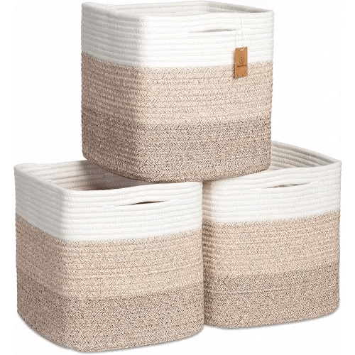 NaturalCozy Storage Cubes 11 Inch Cotton Rope Woven Baskets for Organizing, 3-Pack | Cube Storage Bin | Square Storage Baskets for Shelves Organizer, Classroom, Kids Toy Bins, Closet, Baby Nursery
