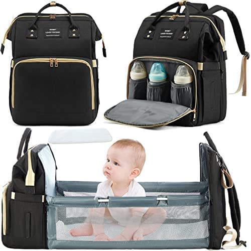 3 in 1 Diaper Bag Backpack with Changing Station, Waterproof Diaper Bag for Baby Boys Girls, Portable Mom Travel Gear Baby Shower Gifts, Travel Nappy Bag with Stroller Straps & Changing Pad (Black)