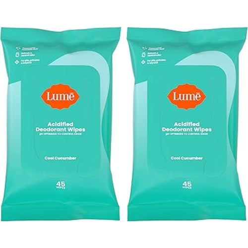 Lume Acidified Deodorant Wipes - 24 Hour Odor Control - Aluminum Free, Baking Soda Free, Skin Loving - 45 Count (Pack of 2) (Cool Cucumber)