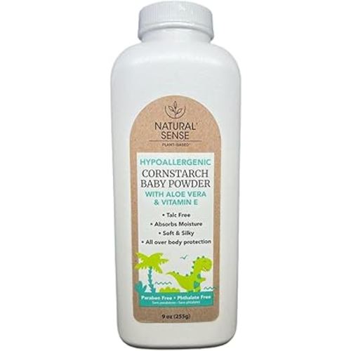 Natural Sense Plant-Based Hypoallergenic Cornstarch Baby Powder with Aloe Vera & Vitamin E, 9oz