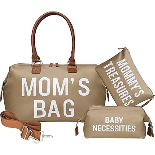 printe Mom‘s Bag, Hospital Bag for Labor and Delivery, Large Mom's Diaper Bag for Mom Travel, Waterproof Baby Bag with 2 Organizer Pouches, Khaki
