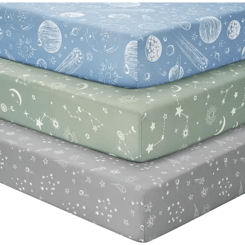 Baby Crib Sheets for Boys Girls, Fitted Crib Sheet Neutral 3 Pack for Standard Crib and Toddler Mattress, Breathable Soft Microfiber Baby Sheet 28x52x8in Green Gray Constellation