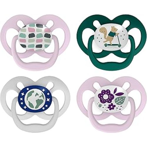Dr. Brown's Advantage Glow-in-the-Dark Baby Pacifier, Fully Symmetrical Soother with Soft Silicone Bulb, Scooter Squirrel-Purple Nature, 6-18m, BPA Free, 4 Pack