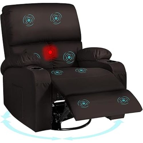 Rocking Recliner Chair, Massage Rocker Recliner Chair with Vibration Massage and Heat,360° Swivel Recliner Chairs, Living Room, Bedroom, Nursery, RV, Brown