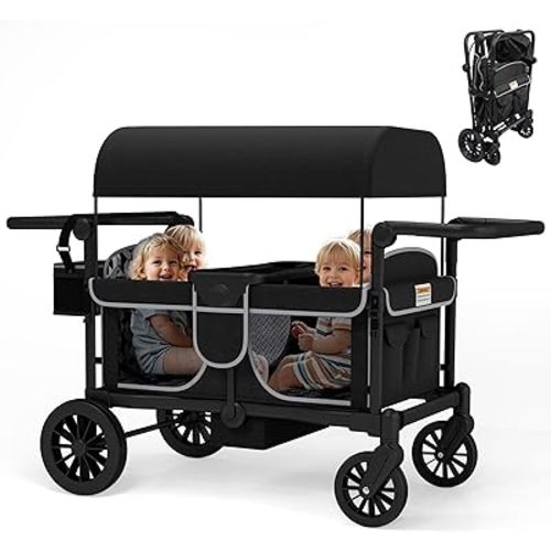 Wagon Stroller for 4 Kids, Foldable 4 Seats Outdoor Stroller Wagon with Canopy, Adjustable Handlebars, 5-Point Safety Harness, Detachable Tray, Portable Bag, Black
