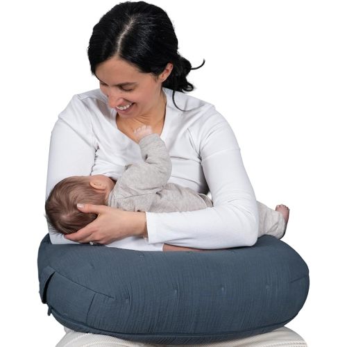 Boppy Nursing Pillow Luxe - Ergonomic Bottle & Breastfeeding Pillow with High Lift & Firm Support - Water-Resistant with Washable Cotton Muslin Cover - Baby Safety Alliance Verified - Slate Blue
