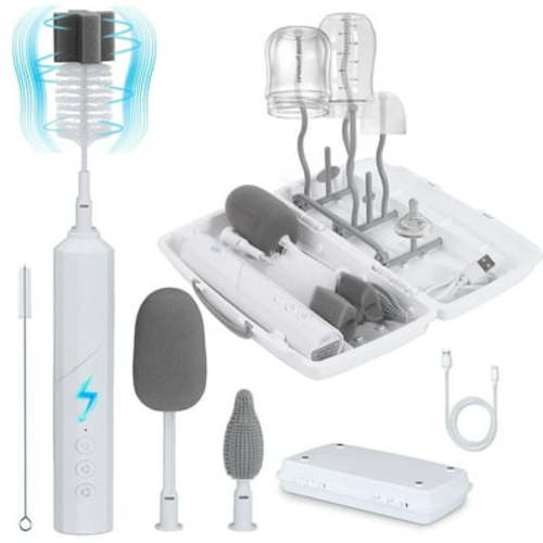 Yoobao Electric Baby Bottle Brush Set 1200mAh Rechargeable, 3-Speed Portable Water Bottle Cleaner Brush Kit with 4 Brushes & Drying Rack for Home & Travel, Baby Essentials