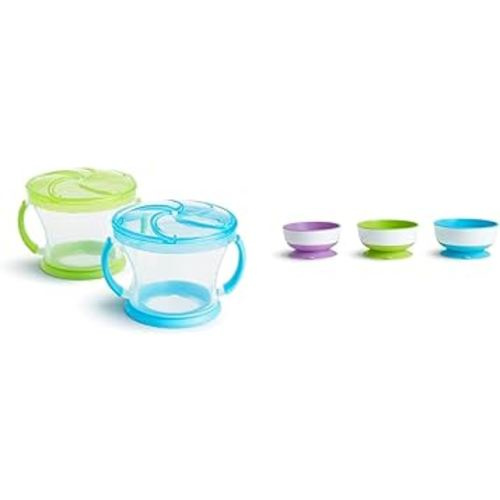 Munchkin® Snack Catcher® Toddler Snack Cups, 2 Pack, Blue/Green & Stay Put™ Suction Bowls for Babies and Toddlers, 3 Pack, Blue/Green/Purple