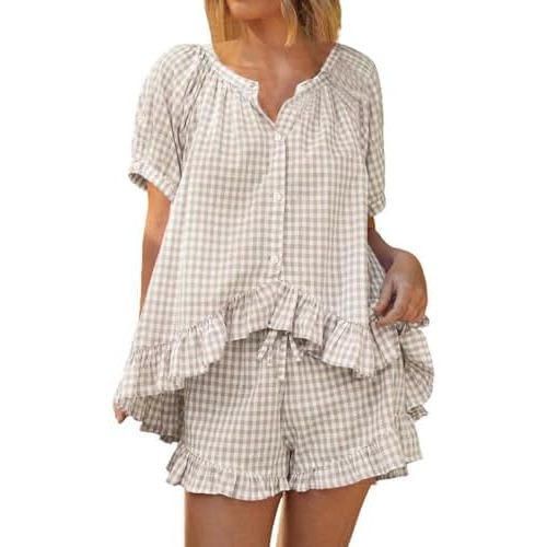 Womens 2 Piece Ruffle Pajama Set Gingham Pjs Short Sleeve Babydoll Shirt and Shorts Plaid Summer Outfits
