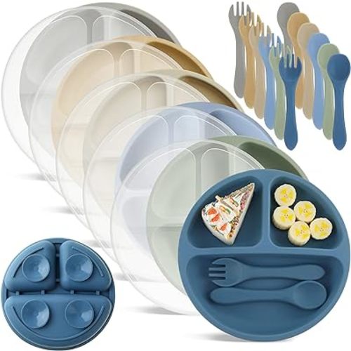 Meanplan 6 Pack Suction Plates with Lids Silicone Baby Plates Toddler Plates Divided Design Stay Put with Suction Feature BPA Free Microwave and Dishwasher Safe Assorted Colors (Elegant Colors)