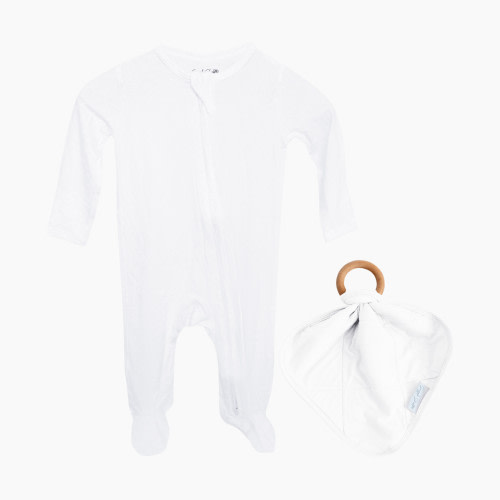 Snuggle Shield LUXE Bamboo Footed Sleeper and Lovey Teether Set - White, 0-3 M