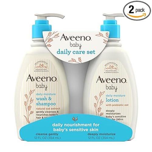 Aveeno Baby Daily Care Gift Set with Oat Extract, Moisturizing Lotion and 2 in 1 Bath Wash and Shampoo, Hypoallergenic, Paraben Free, 2 Count