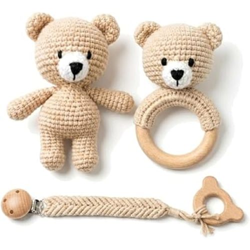 Organic Crochet Bear Baby Rattle Toy - Handmade Newborn Gift Set with Teether & Pacifier Holder - BPA-Free Organic Cotton New Baby Gift - Infant Sensory Toy for Girls Boys 0-12 Months