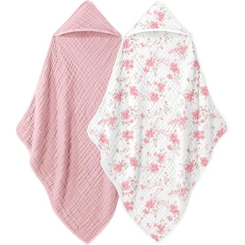 Looxii Baby Bath Towels 2 Pack Muslin Hooded Baby Towels for Newborn and Infants, 100% Cotton, Large 32x32Inch, Soft and Absorbent Pink+Flowers