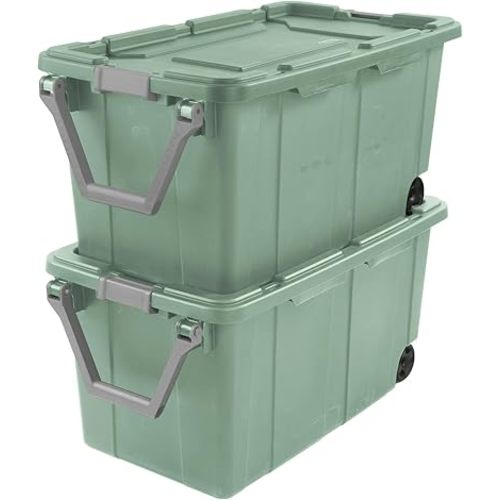 Sufeasdf Storage Bin 40 Gallon 160 Qt Wheeled Industrial Tote Plastic Rolling Stacker Storage Box, Tough Lidded Stackable Storage Container for Home, Garage, and Camping Green Sage Base and Lid 2-pack
