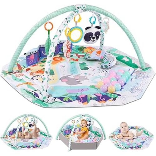 Baby Gym Play Mat, 8-in-1 Tummy Time Mat with Ball Pit Detachable Toys for Newborn Stage-Based Sensory and Motor Skill Development, Washable Baby Play Activity Mats for Floor, Baby Essentials Gift