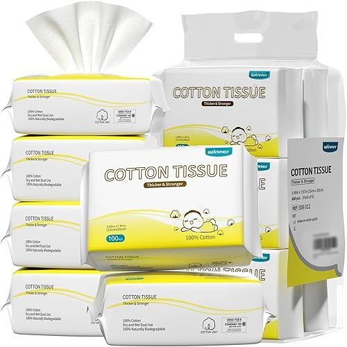 Winner 100% Cotton Dry Wipes, USDA Certified Baby Wipes, Soft & Gentle, Hypoallergenic & Unscented for Baby Sensitive Skin, Use Wet/Dry for Diaper Changes, Meals & Cleanup, Pack of 6, 600 pcs
