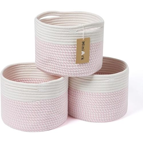 Small Storage Basket for Organizing | Cube Shelf Closet Storage Baskets | 9.7×9.7×7.1” Cute Baby Basket for Nursery | Woven Rope Basket Bins | Gift Basket Easter | Round 3 Packs Pink