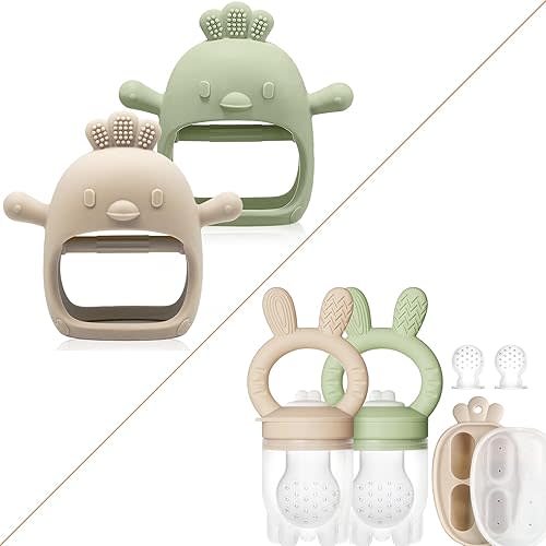 Baby Teething Relief Package, Teething Mitten & Freezer Teether Feeder for 0-6 6-12 Months Babies, 100% Food Grade Silicone, BPA Free
