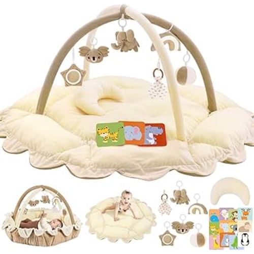 5-in-1 Plush Baby Play Gym, Baby Play Mats, Convertible Baby Gym with Pillow, Tummy time mat, 6 Sensory Toys, Baby Activity Center from Newborn to Toddler, Pet Bed, Cat & Dog Bed, Ball Pit, Cream