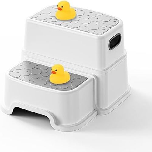 Two Step Stool for Kids – Non-Slip Toddler Step Stool for Bathroom Sink & Potty Training, Dual Height 9.5”, Safe & Sturdy for Kitchen, Bedroom & Classroom (Gray White) Includes Two Ducks