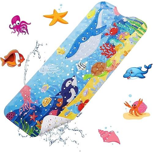 Baby Bath Mat for Tub for Kids, 40 X 16 Inch Extra Long Kids Bathtub Mat Non Slip, Cartoon Bath Tub Shower Mat Anti Slip with Drain Holes and Suction Cups Machine Washable (Whale + Dolphin)