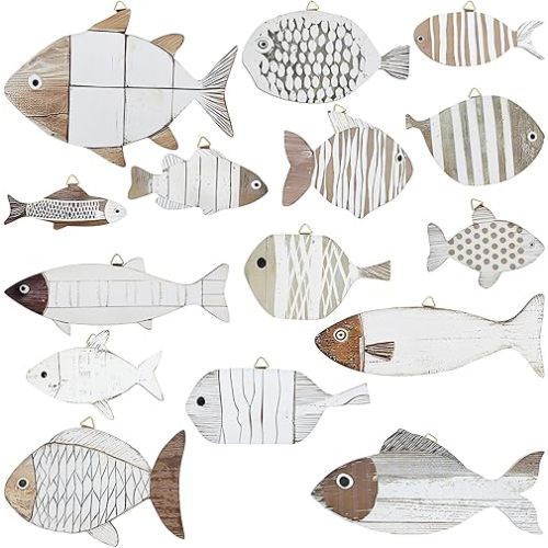 15 Pcs Wooden Fish Wall Decor Beach Nautical Coastal Theme Fish Wall Sculpture Lake House Ocean Decor Vintage Ornaments for Home Bathroom Bedroom