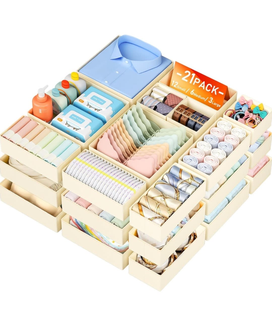 DIMJ Drawer Organizer Clothes Storage - 21 Pack Baby Dresser Organizer for Nursery Closet Organization, Fabric Drawer Organizer Bins for Underwears Socks Bras, Foldable Storage Dividers for Bedroom