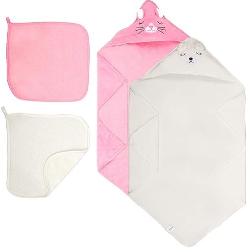 HBHLFZ 4-Pack Hooded Baby Towels - Newborn-Specific Bath Towel- Soft and Absorbent Coral Terry Baby Bath Towel - Suitable for Newborns and Infants, Essential for Newborn Bathing（Kitten, Bear）