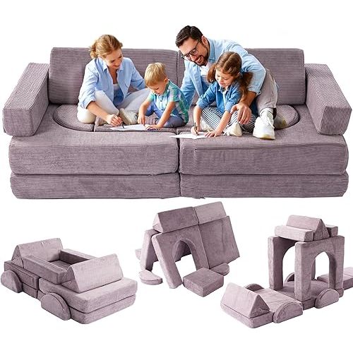 Modular Kids Play Couch, 14PCS Nugget Couch Toddler Building Fort, Versatile 500+DIY Creativing Playroom Bedroom Furniture for Playing, Creativing, Convertible Kids Sofa for Boys and Girls (Purple)