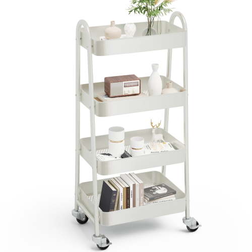 CONCETTA Versatile 4-Tier Metal Utility Cart with Locking Casters, Multi-Scenario Use for Office, Living Room, Kitchen, White