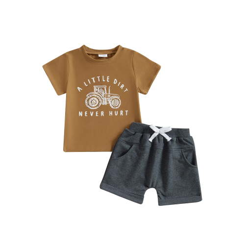 Toddler Baby Boy Summer Clothes Set 6 12 18 24 Months 2T 3T 4T Tractor Letter Print Short Sleeve T-Shirt Elastic Waist Solid Shorts Outfit Sets
