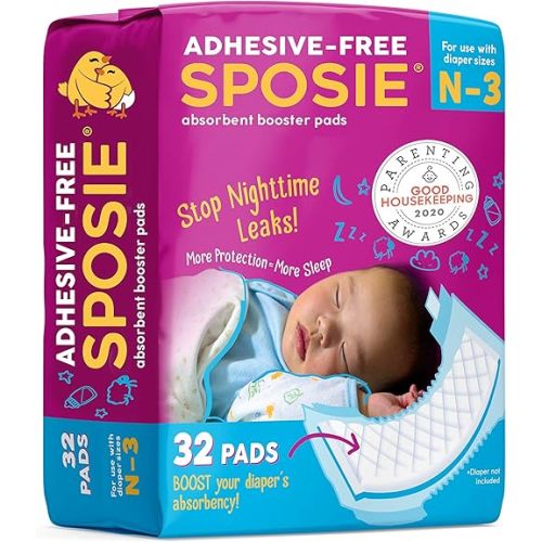 Sposie Booster Pads, Stop Overnight Diaper Leaks, Fits sizes Newborn 1 2 3, No Adhesive for Sensitive Skin, 32 ct