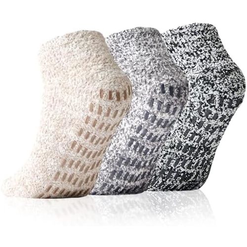 Calcetines tipo pantuflas con empuñaduras para mujeres y hombres – Calcetines de hospital antideslizantes de invierno mullidos y cálidos – Calcetines de tobillo de agarre acogedor para el hogar